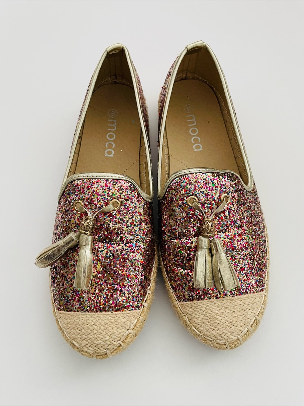 Moca Multicolor Glitter Espadrille Loafers with Gold Tassels